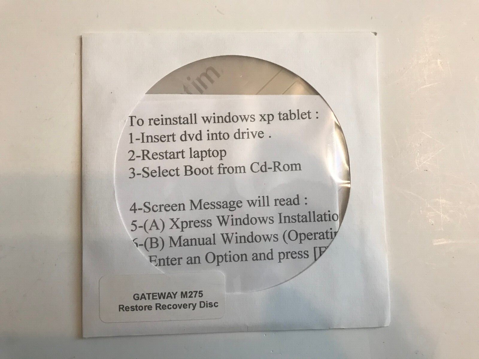 GATEWAY M275 RESTORE RECOVERY DISC FOR XP WINDOWS