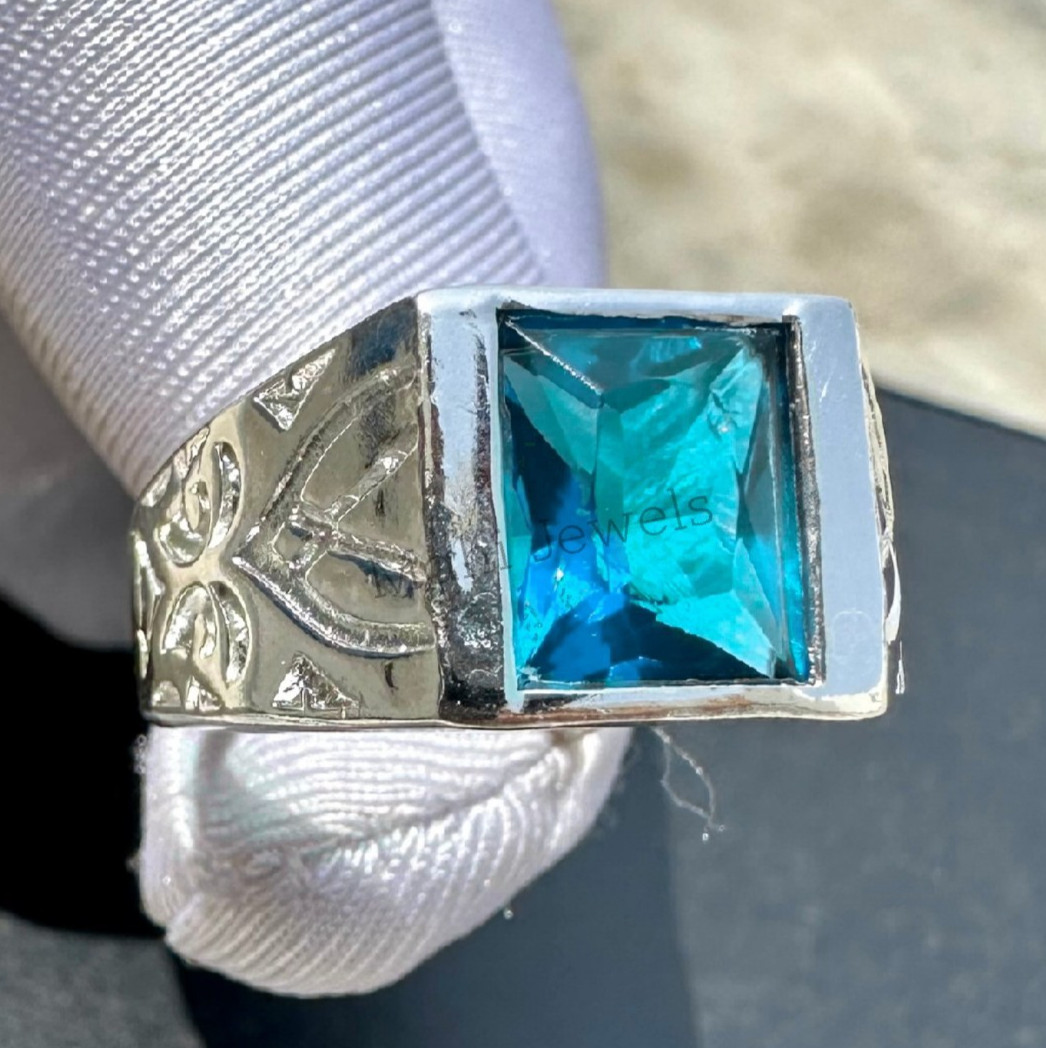 Natural Blue Topaz Gemstone Ring With 925 Sterling Silver Men's Engagement Ring