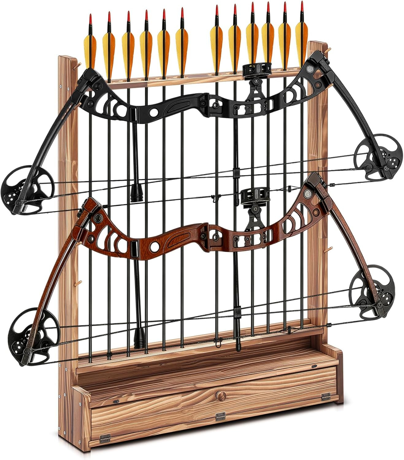 2 Bow and 12 Arrow Wall Mounted Display Rack Compound Solid Wood Arrow Holder, R