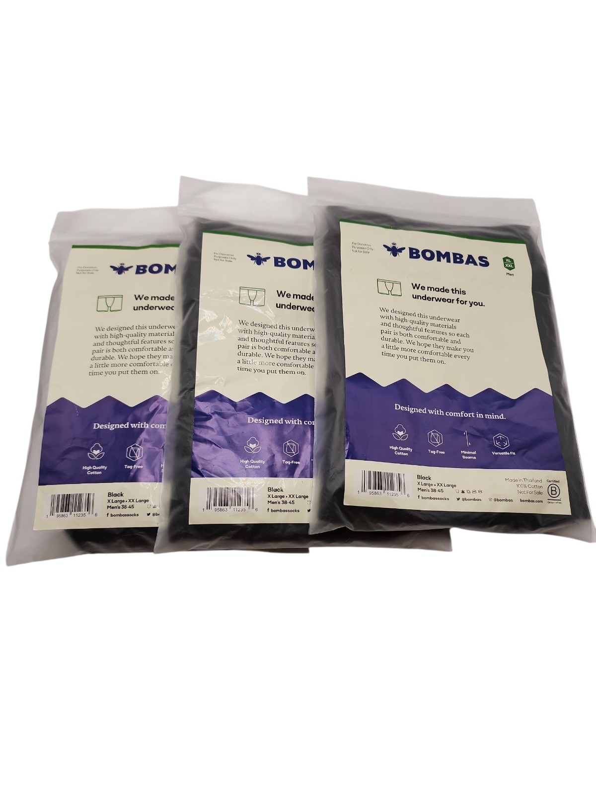 Bombas Mens Black 100% Cotton Boxer Brief New In Package Size XL Lot Of 3