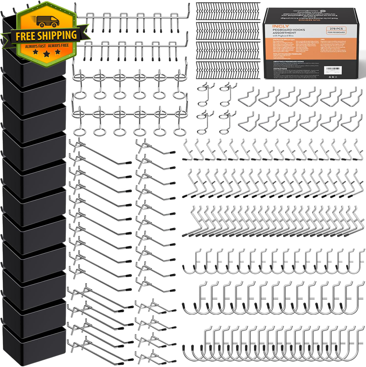 278PCS Pegboard Organizer Kit Garage Tool Storage Hooks & Bins