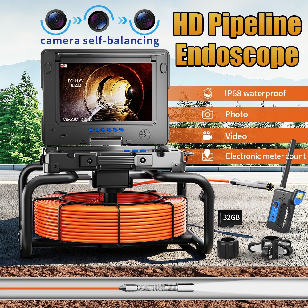 9" Pipe Inspection Camera 7mm Diameter 23MM 512HZ Self-leveling Meter Counter