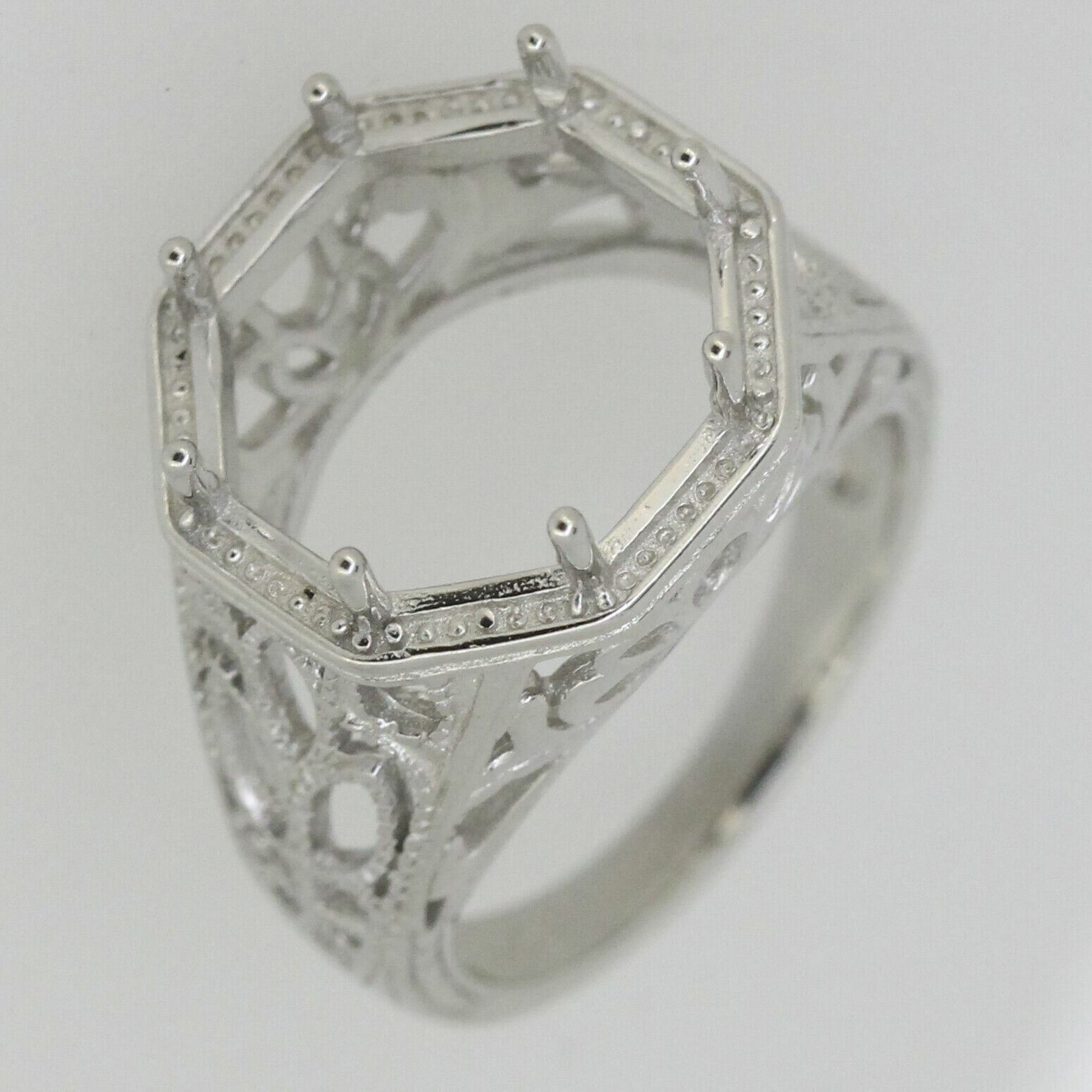 Art Deco Style Sterling Silver Semi Mount Ring Setting Round RD 14x14mm