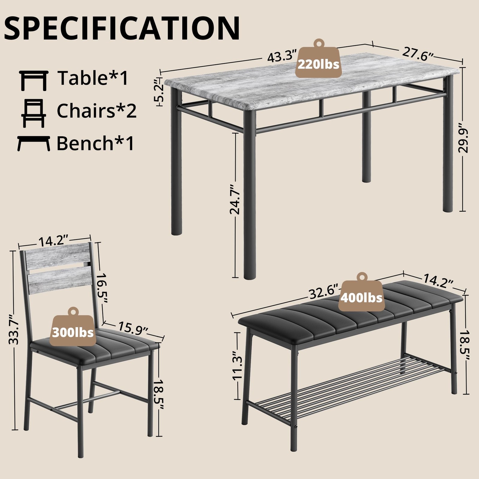Dining Table Set for 4, Kitchen Table with Upholstered Bench and 2 Chairs, Ki...