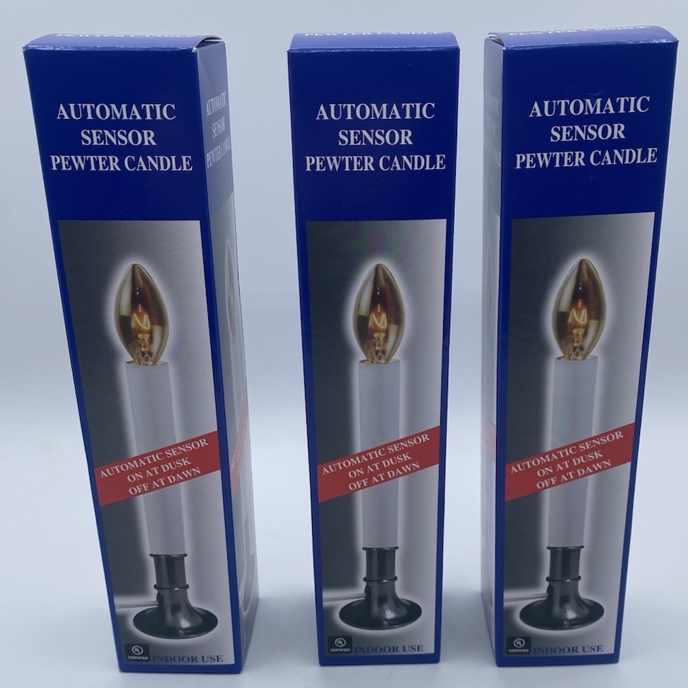 3 New 9" Candle Lamp Light w/Automatic On/Off Light Sensor for Indoor Use Pewter