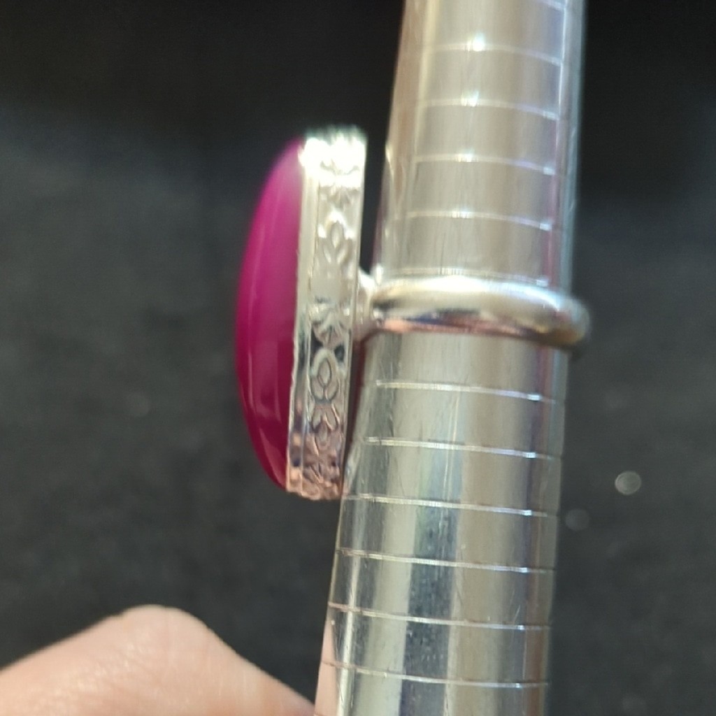 Silver Plated Pink Agate Gemstone Oval Statement Ring - Size 9