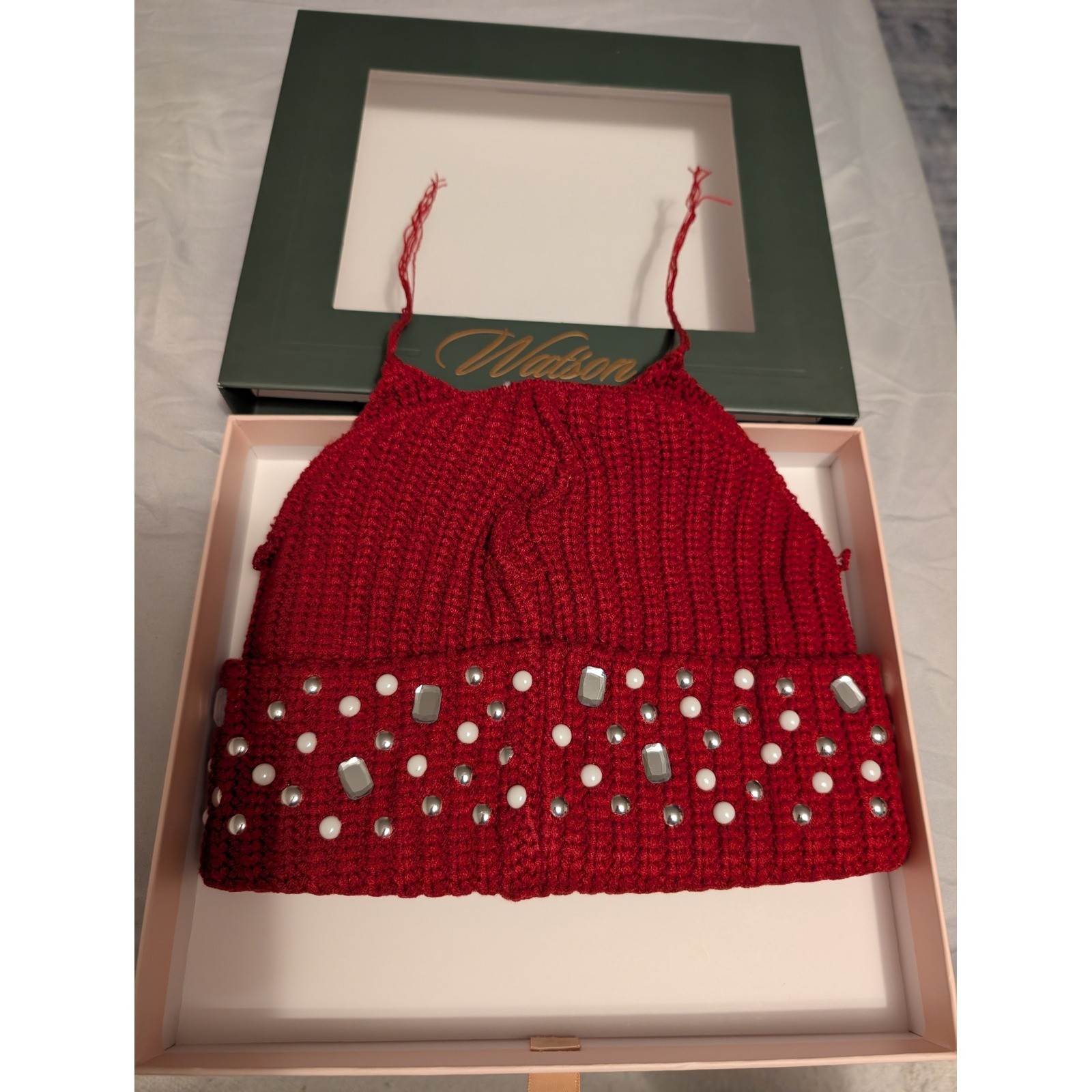 Watson Studios Cat Ears Beanie Hat Red Embellished Pearl Studded Ribbed Knit OS