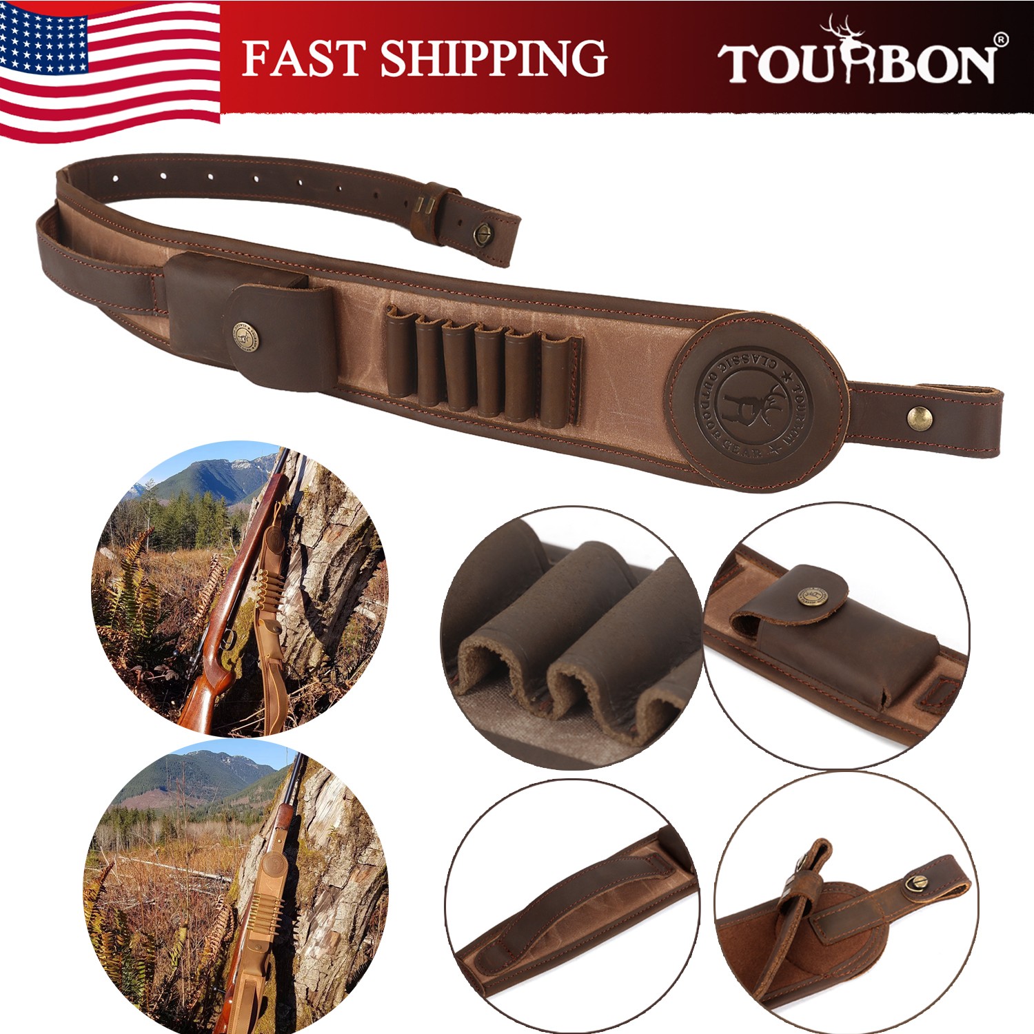 Tourbon Canvas Leather 2 Points Rifle Sling 30-06,45-70 Ammo Carry Holder Pouch