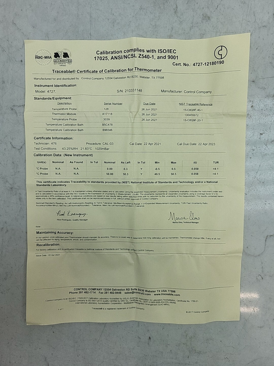 Traceable Digital Environment Thermometer Bottle Probe 4727 Calibration Due 2023