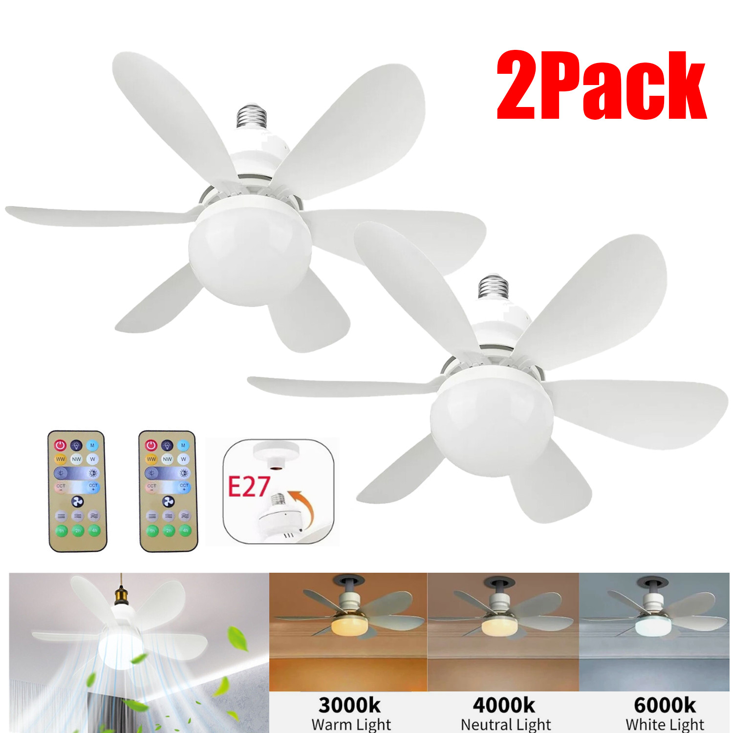 2Pack Socket Ceiling Fans with Light & Remote Socket Fan light with Dimmable Led