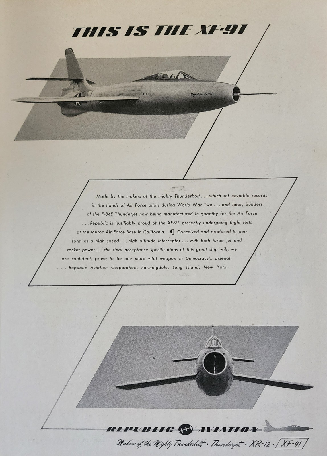 Republic XF-91 XF91 Picture Magazine Ad Original Vtg Decor Aircraft Aviation