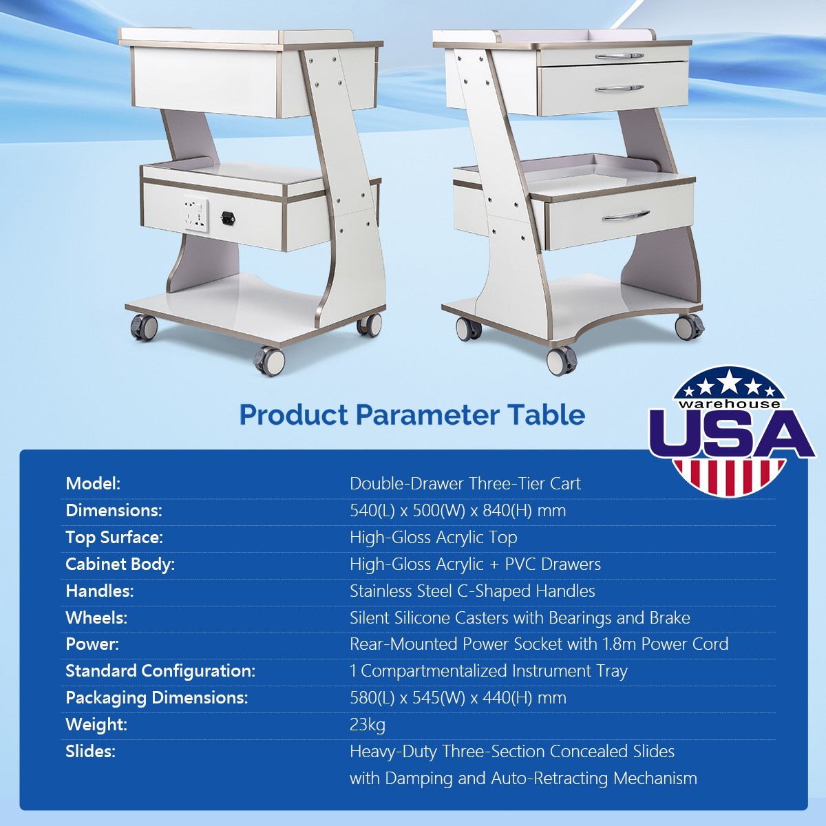 Dental Storage Cabinet Double-Drawer 3 Layer-Tier Cart Tools Socket High-Gloss