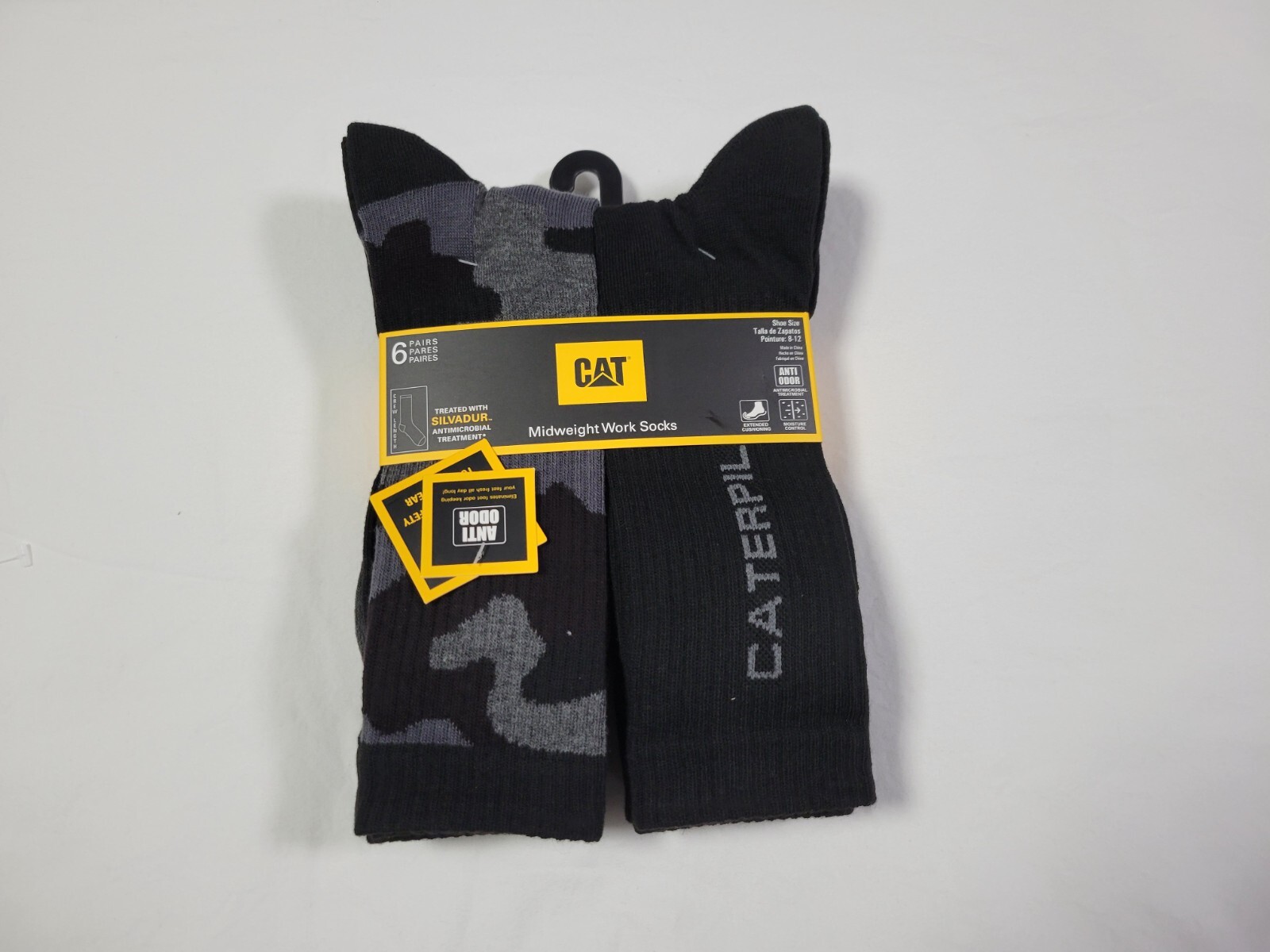 Caterpillar Mens Crew Socks Mid-Weight Boot Cushion Gray Camo  6 Prs  SZ 8-12
