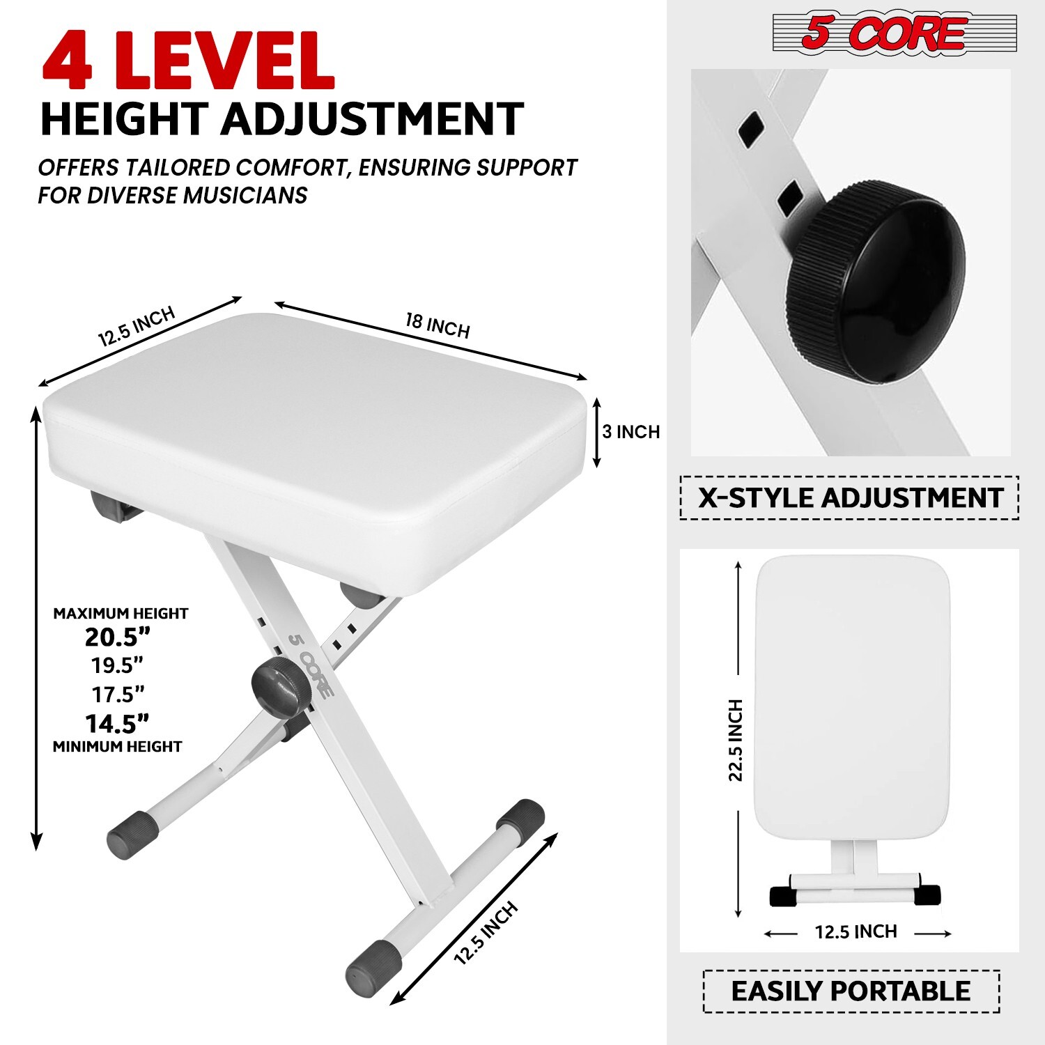 5Core Keyboard Stand Double XStyle Adjustable Piano Riser + Keyboard Piano Bench