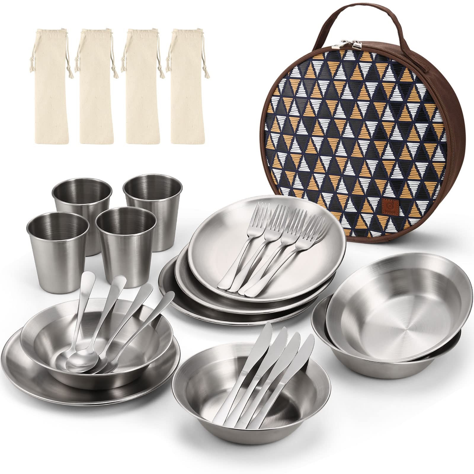 Odoland Stainless Steel Camping Mess Kit for Family & 4 Large, silvery