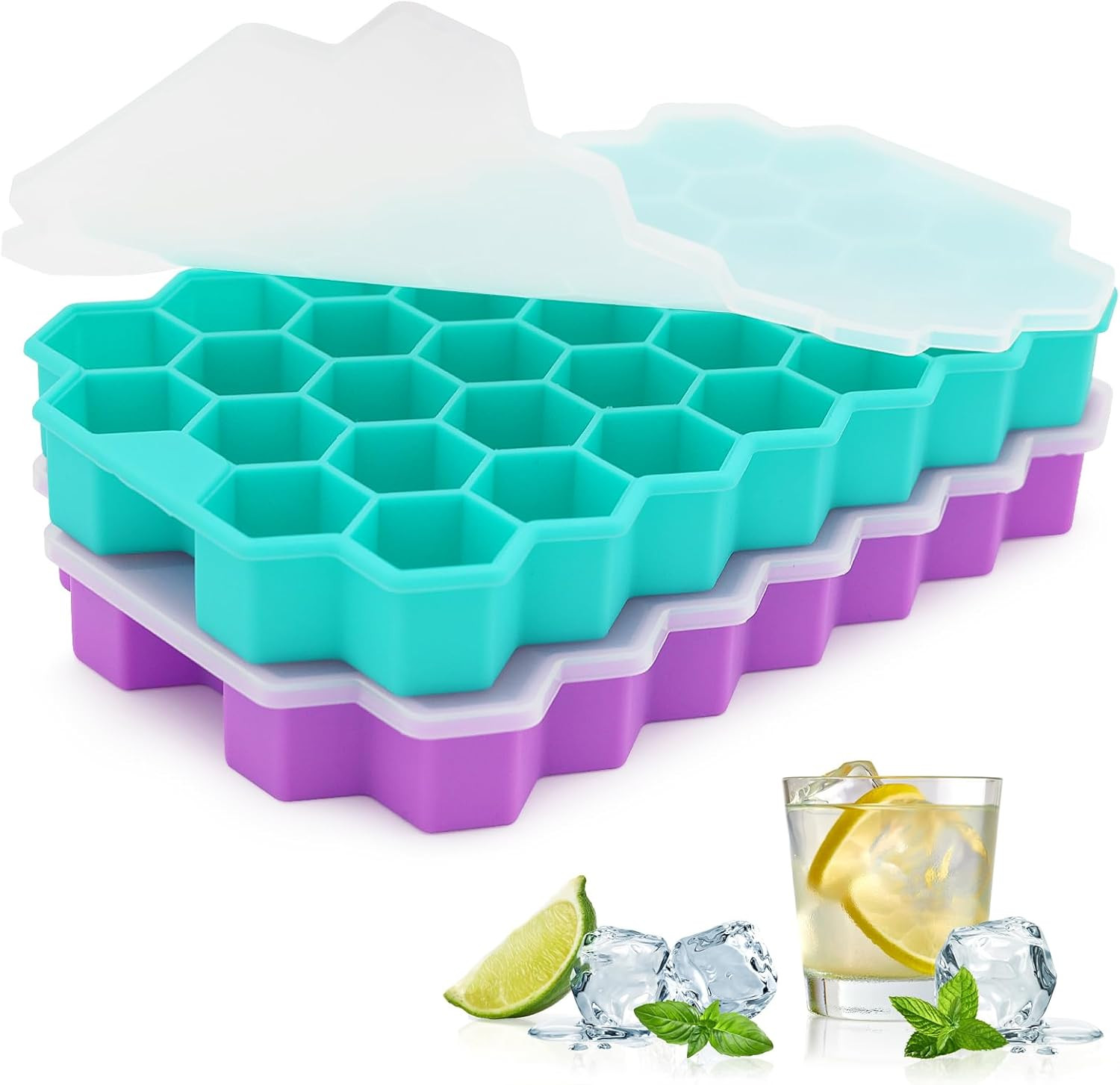 Ice Cube Trays for Freezer, 2 Pack Ice Cube Tray with Lid, Silicone Ice Cube Mol