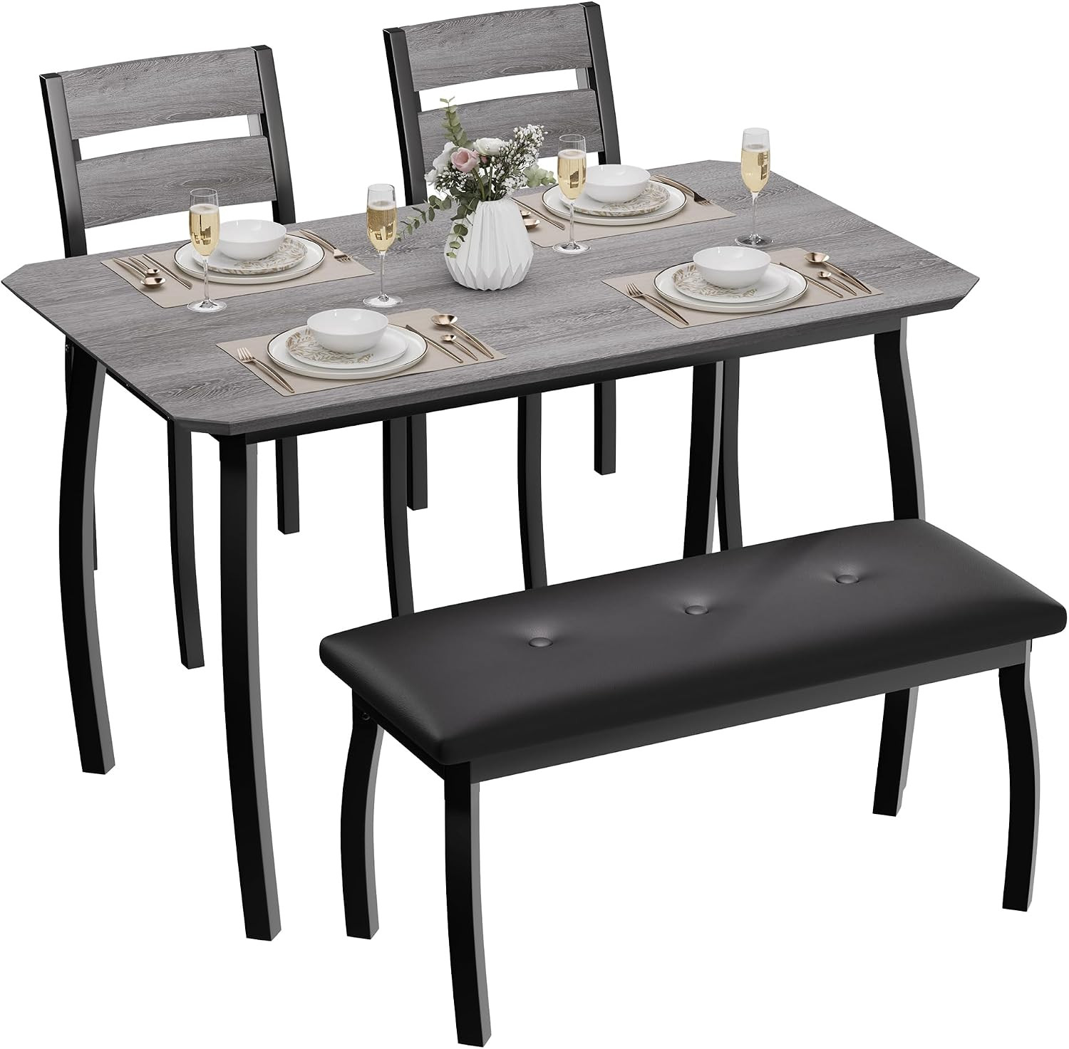IDEALHOUSE 43'' Dining Table Set for 4, Wooden Kitchen Table with Upholstered Be