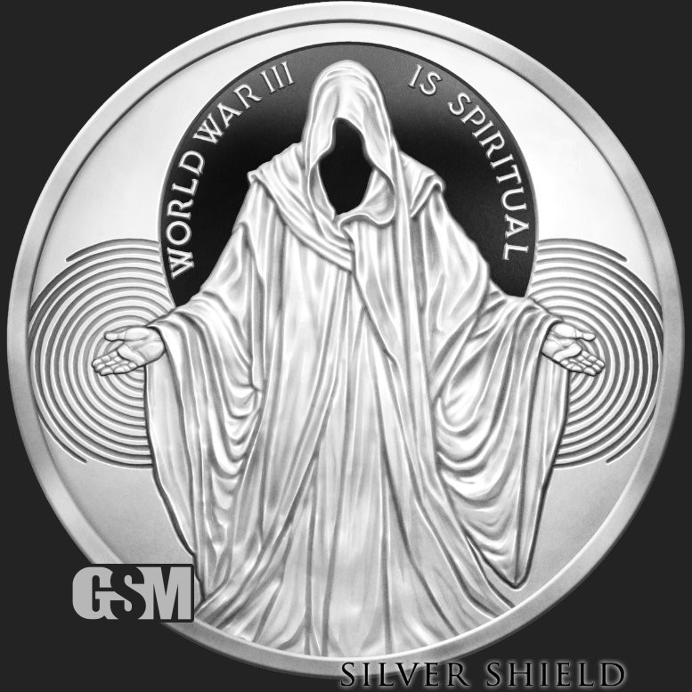 WORLD WAR III IS SPIRITUAL 1oz .999 Fine Silver Shield Round Proof  MICROMINTAGE
