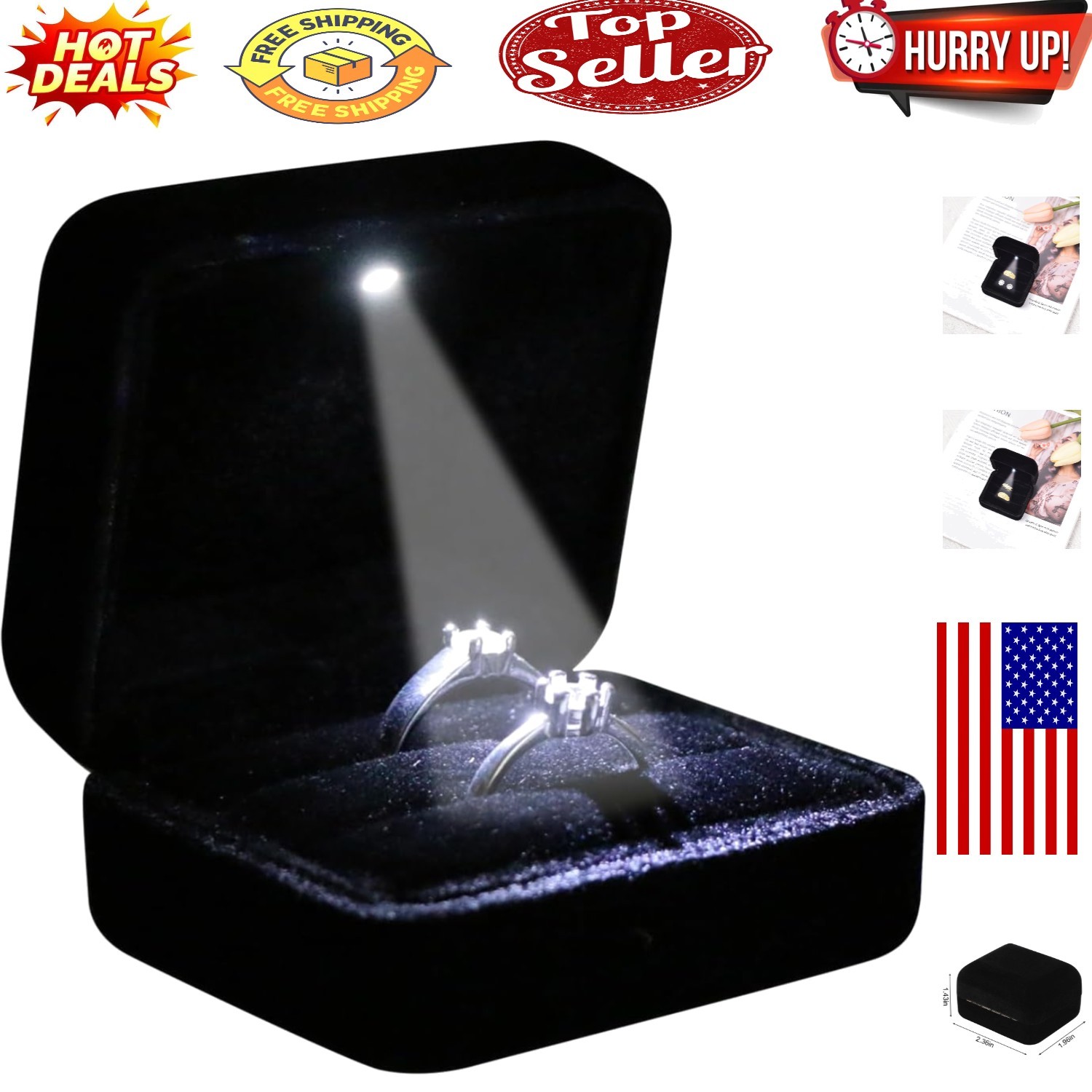 Elegant Velvet LED Jewelry Gift Box for Engagement and Wedding Rings – Black