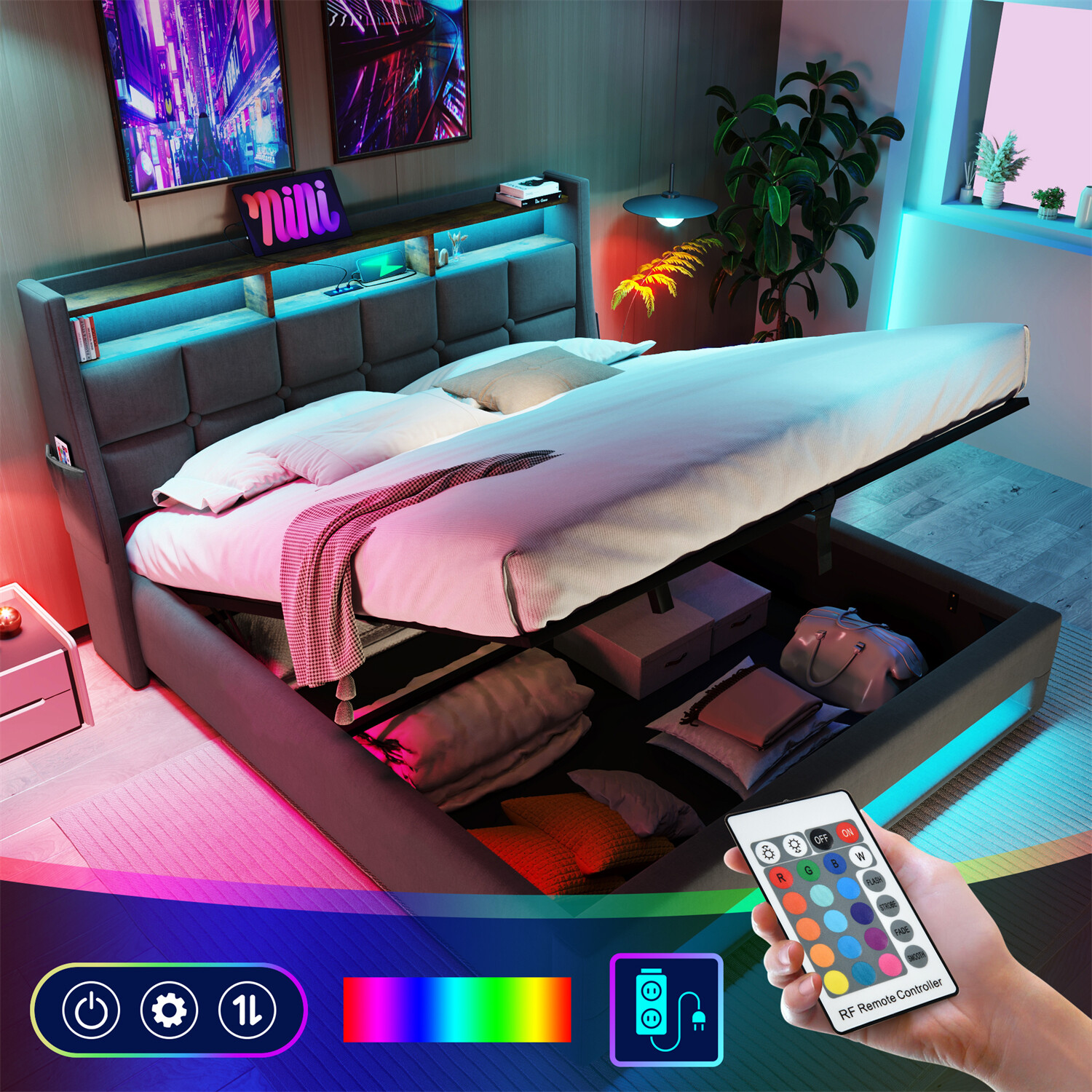 Queen Size LED Bed Frame Upholstered Platform Bed with Hydraulic Storage System
