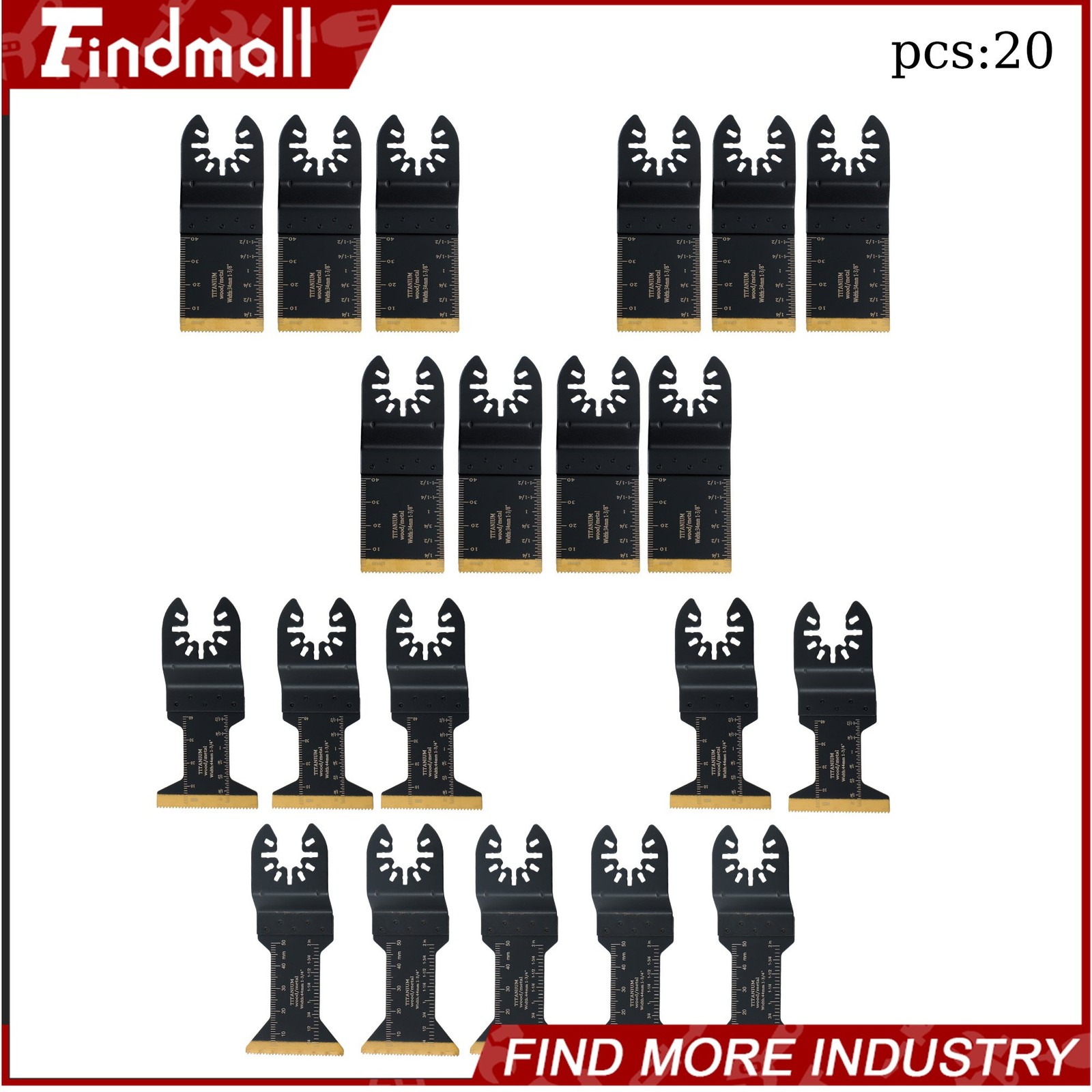 Findmall 20 PCS Titanium Oscillating Saw Blades 3 Types Multi Tool Blades Kit