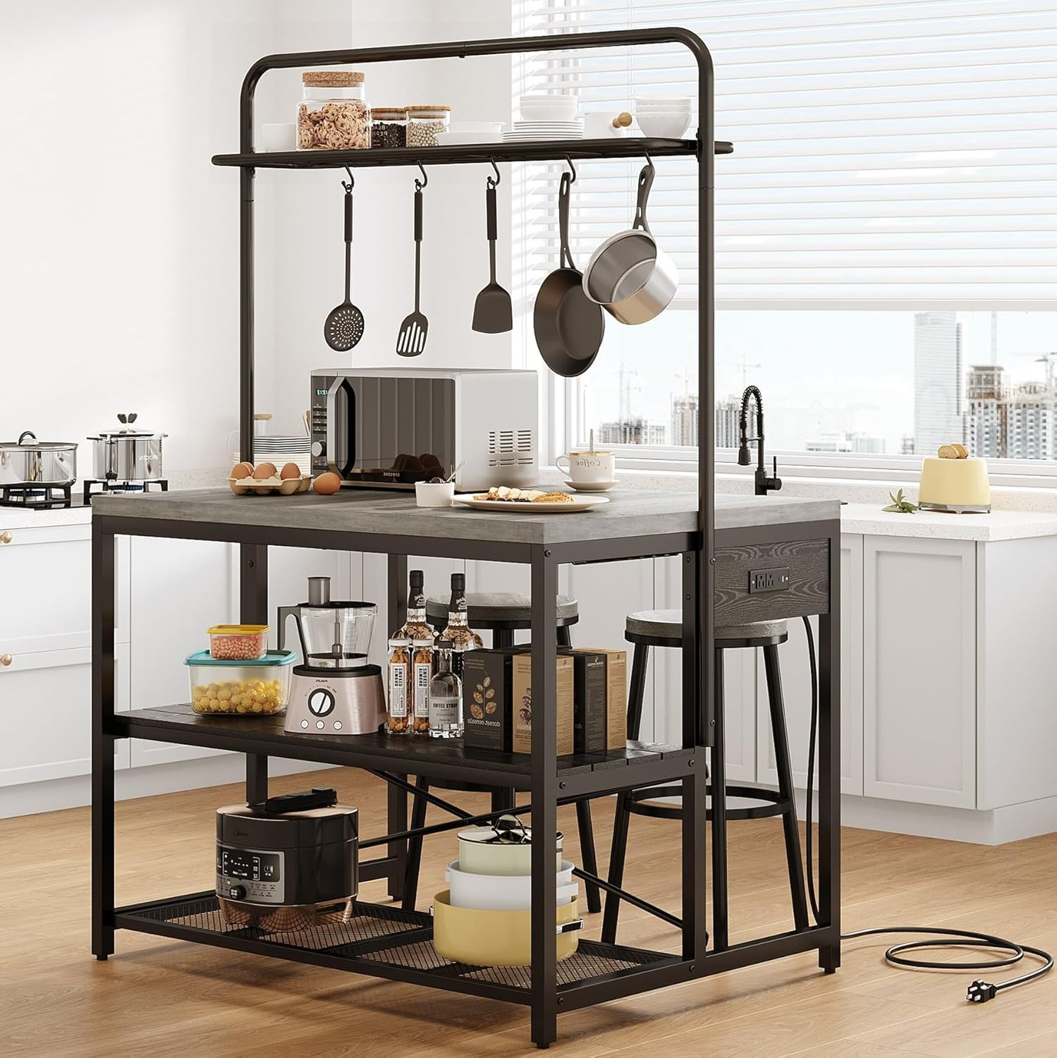 46" Large Kitchen Island Table Baker Rack with Power Outlet and 3-Tier Storage-M