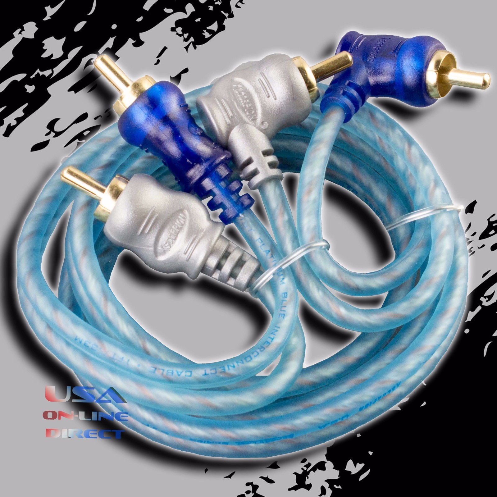 2pc 15 Ft Spiral Twisted Home Marine System Platinum Blue RCA Interconnect Cable