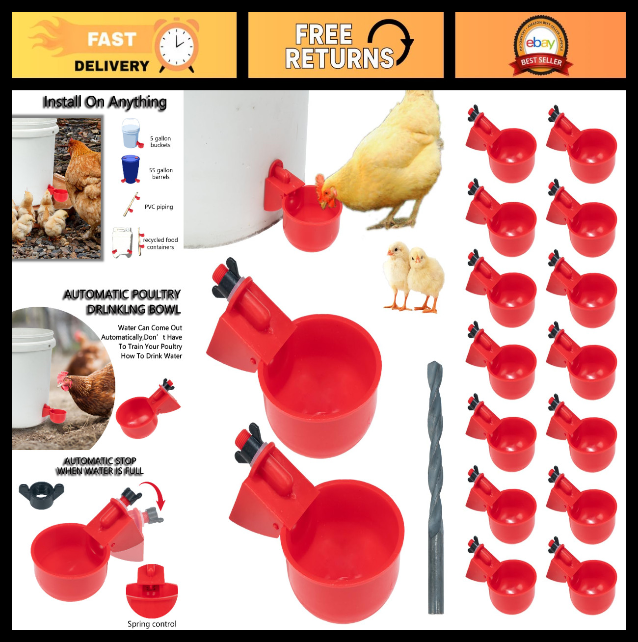 16 Automatic Chicken Drinkers Set - Poultry Water Dispenser for Chickens, Ducks,