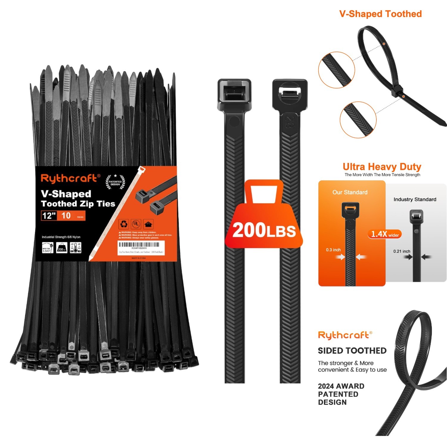 Heavy Duty 12" V-Shaped Toothed Zip Ties 200LBS, 80 Black Nylon Outdoor Indoor