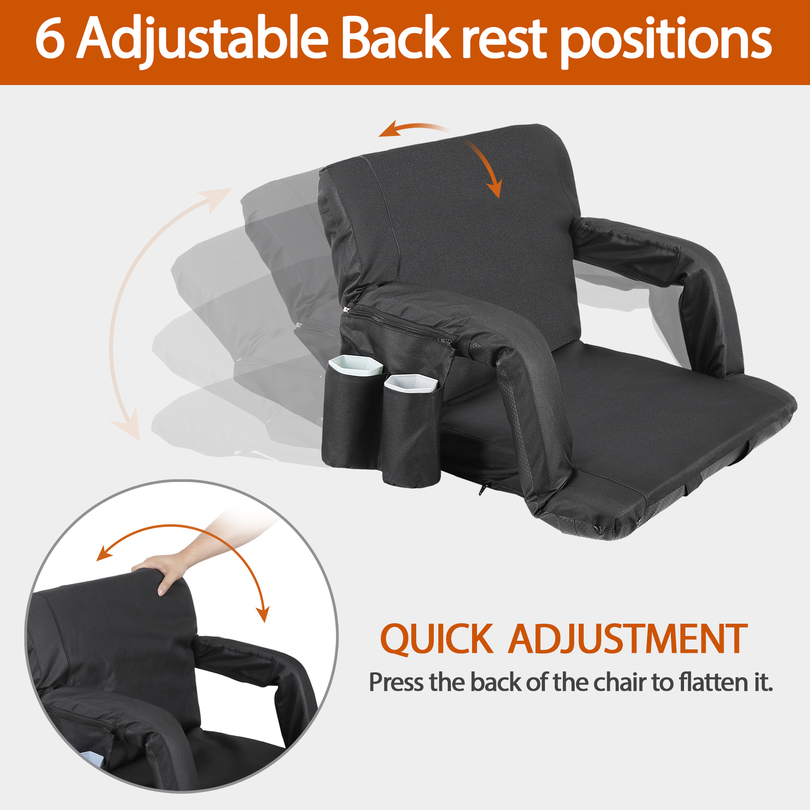 2PCS Reclining Stadium Seat for Bleachers w/ Padded Backrest Adjustable Armrests