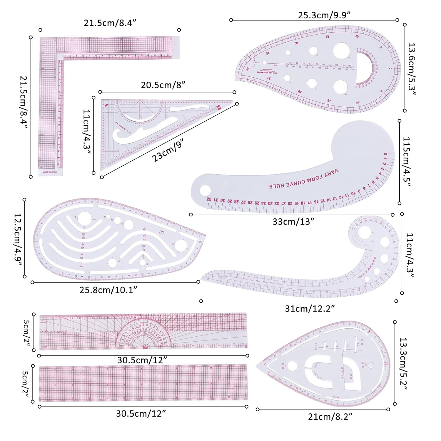 Fashion Clear Metric Sewing Ruler Set, French Curve Pattern Ruler Kit for Beg...