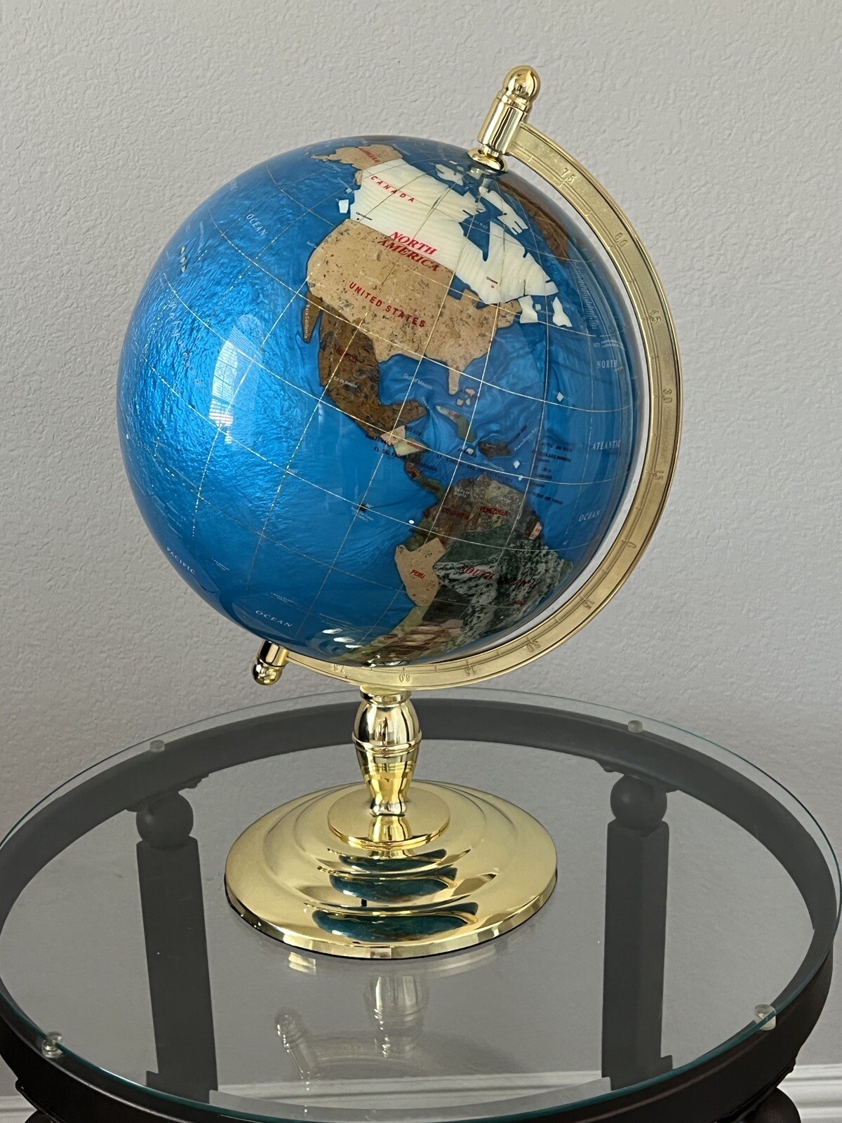 12” Turquoise Mother Of Pearl Globe Gold Stand Gemstone World Map