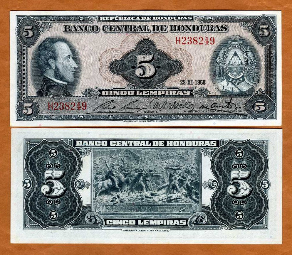 Honduras, 5 Lempiras, 29-11-1968, P-56a, aUNC First Date