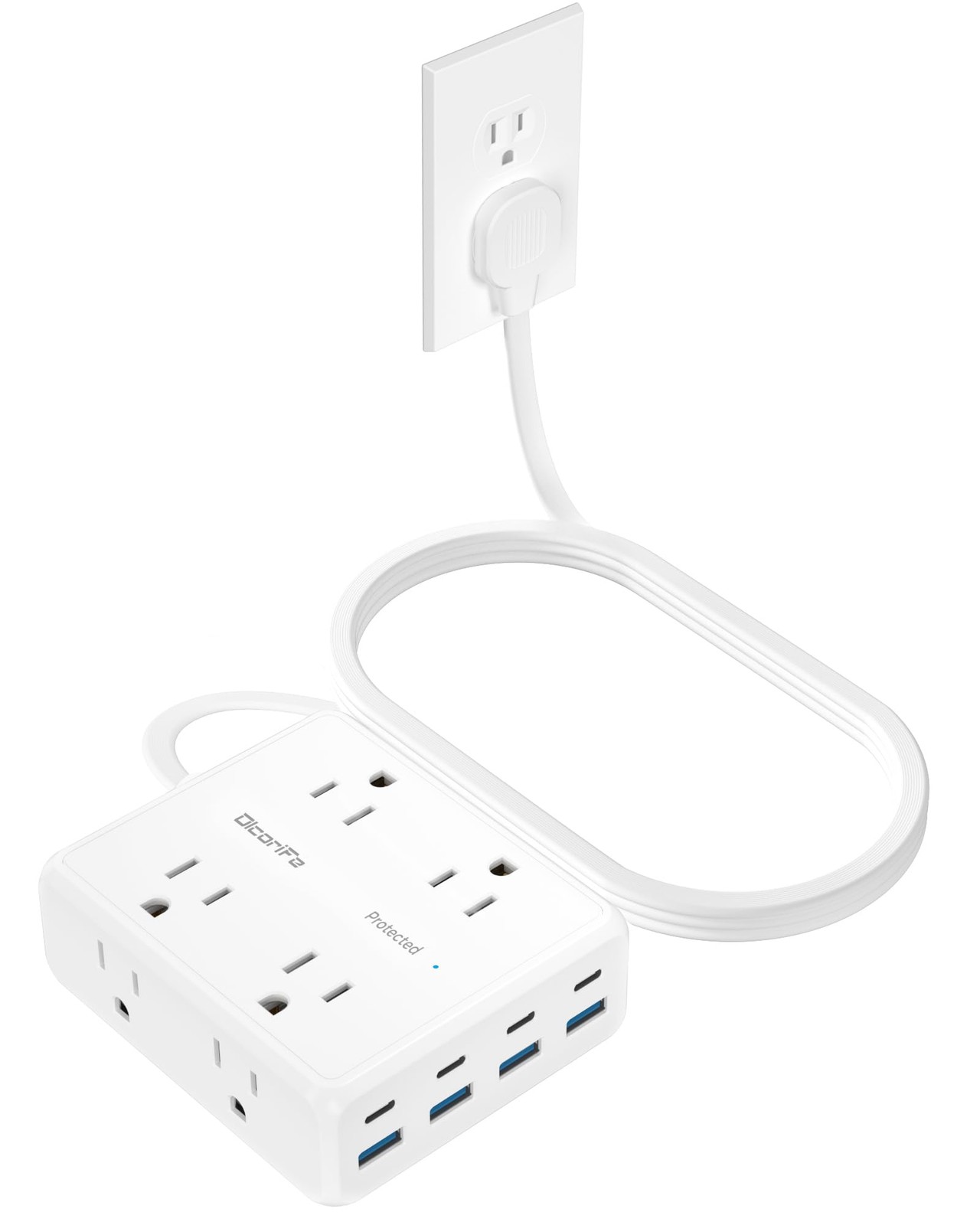 Flat Plug Power Strip With 10 FT Extension Cord 8 Outlets 8 USB Ports White