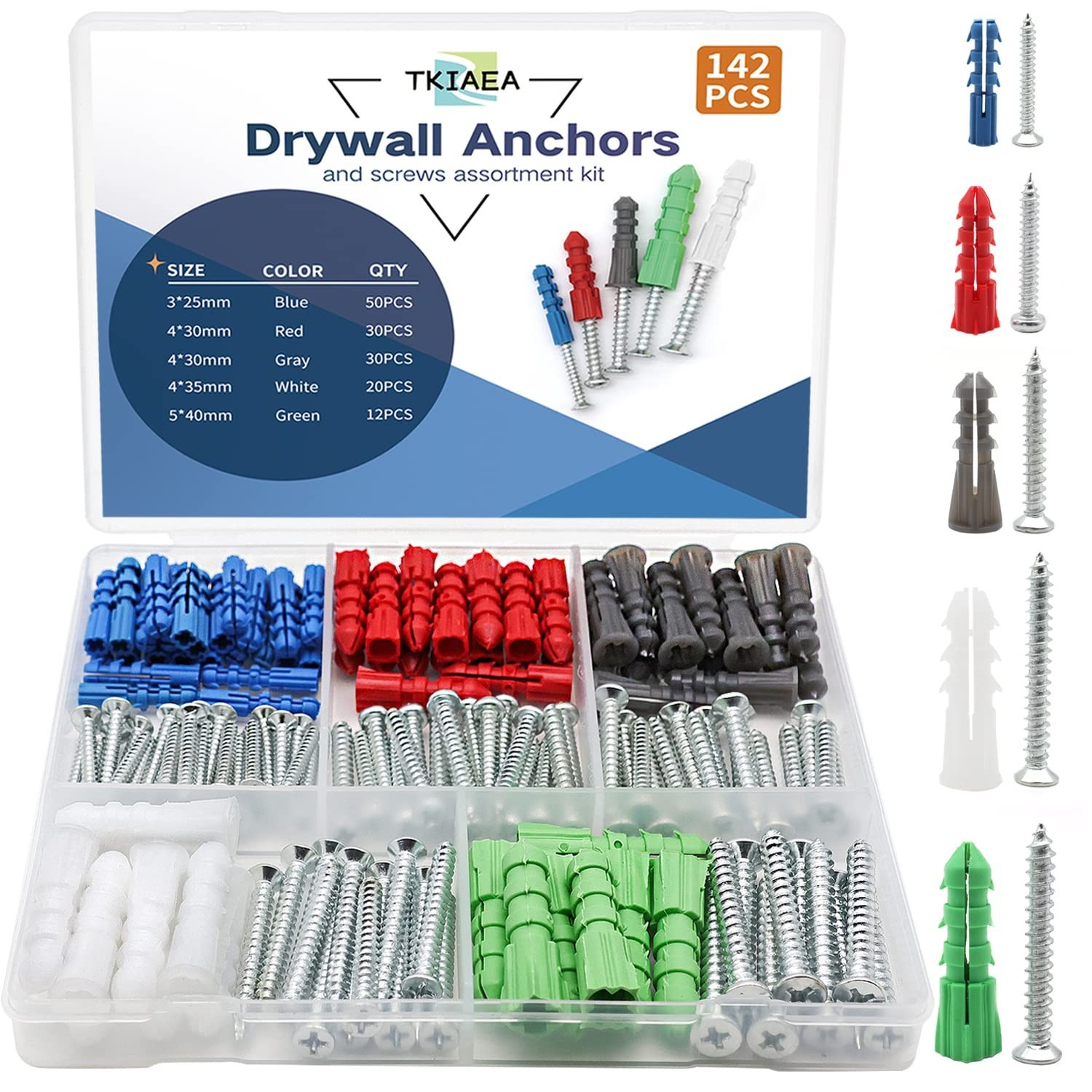 Drywall Anchors and Screws Kit 142Pcs, Wall Anchors and Screws for Drywall, I...