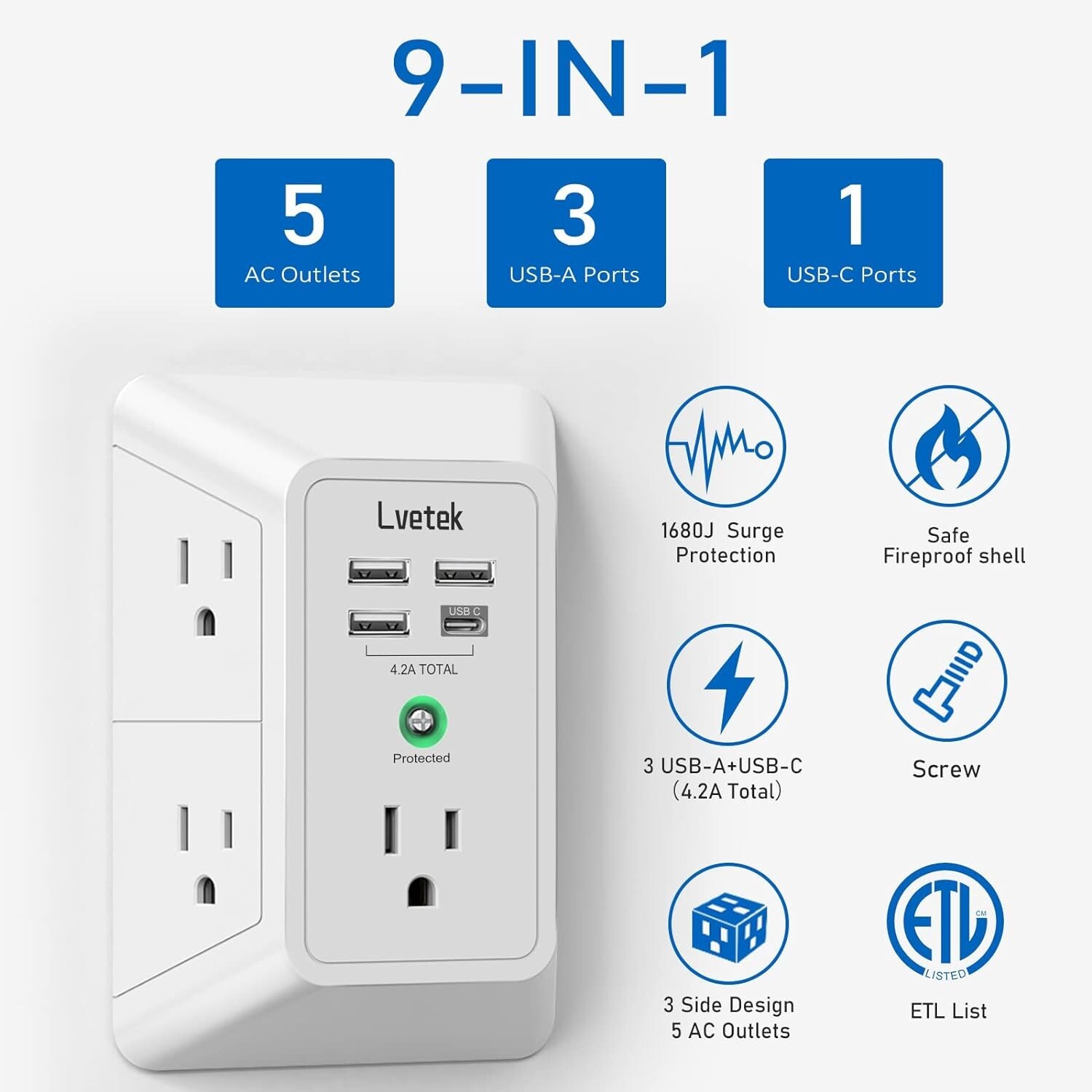 USB Wall Charger, LVETEK Surge Protector 5 Outlet Extender with 4 USB Ports 3 Si