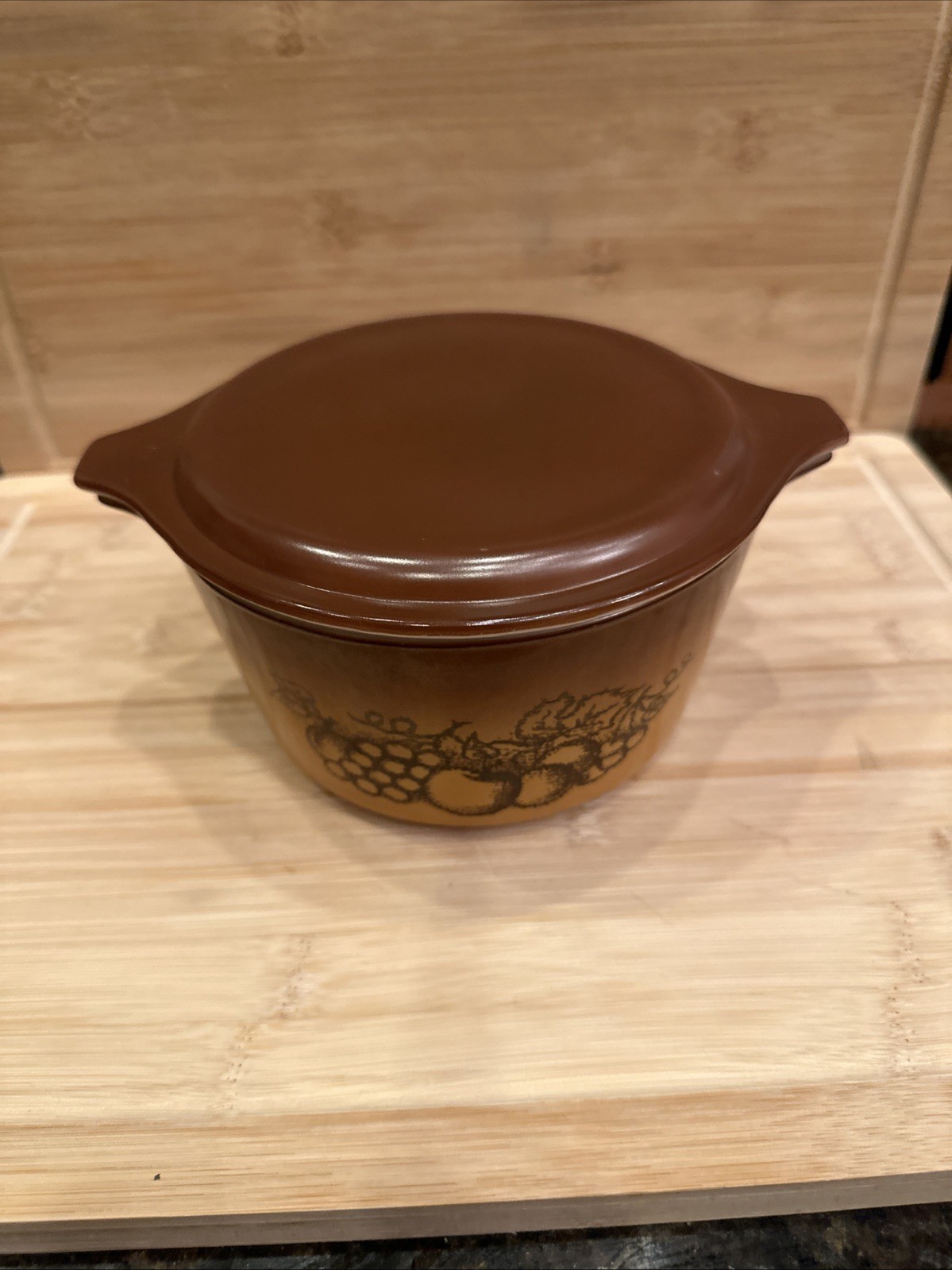 Vintage Pyrex Casserole Dish Bowl 473 Old Orchard Brown Round 1 Quart