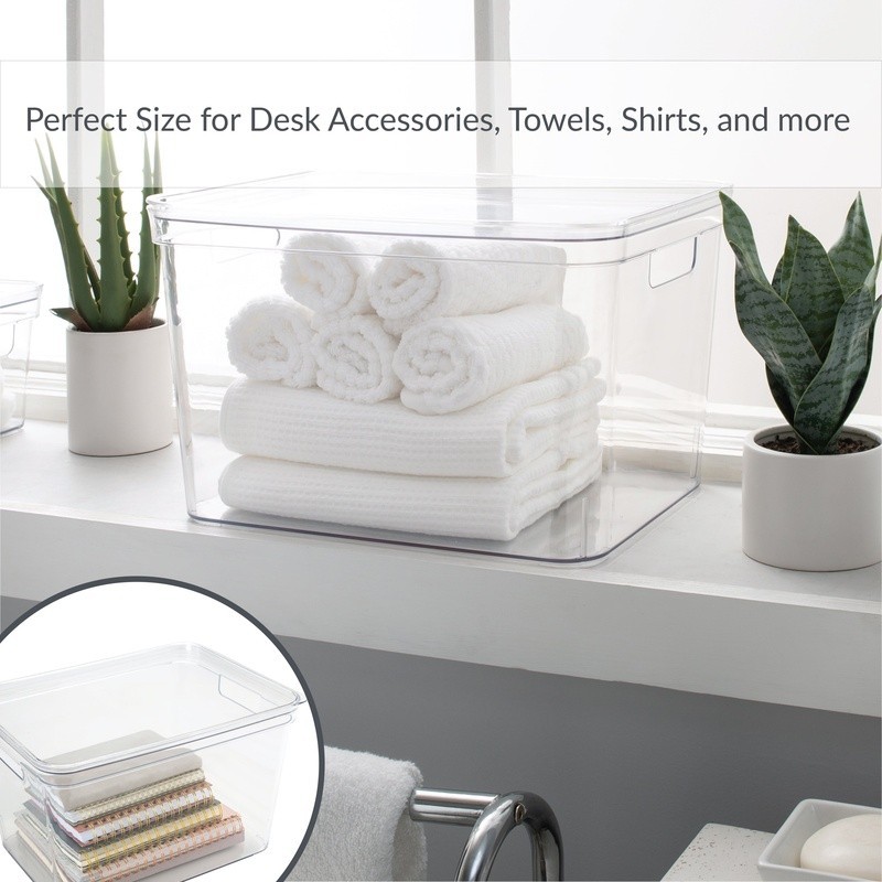 Large Lidded Storage Bin W/ Easy Grip Handles Home Office Bathroom Organization