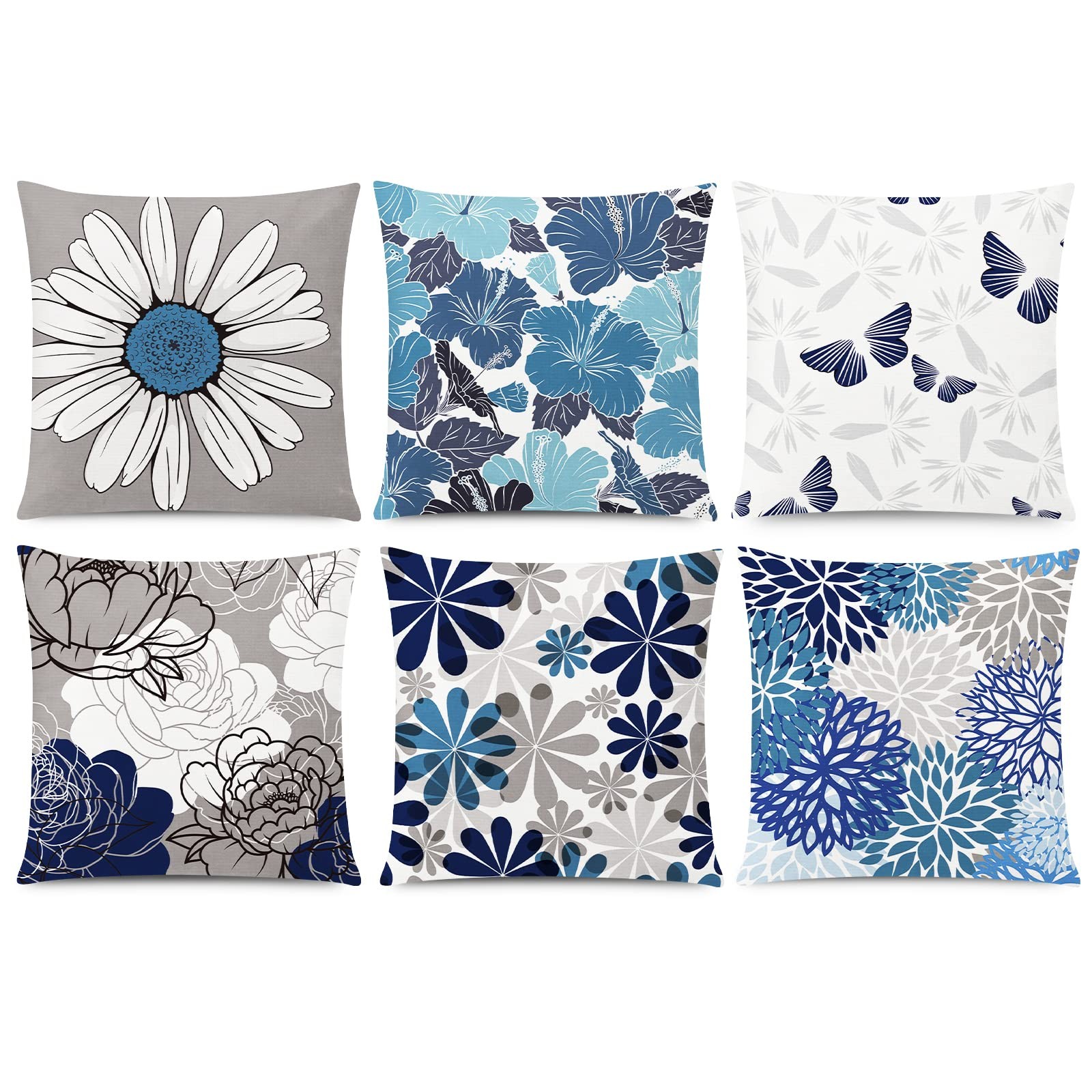 6Pcs Blue Grey Pillow Covers 18x18, Daisy Design, Couch Throw, Home Accent