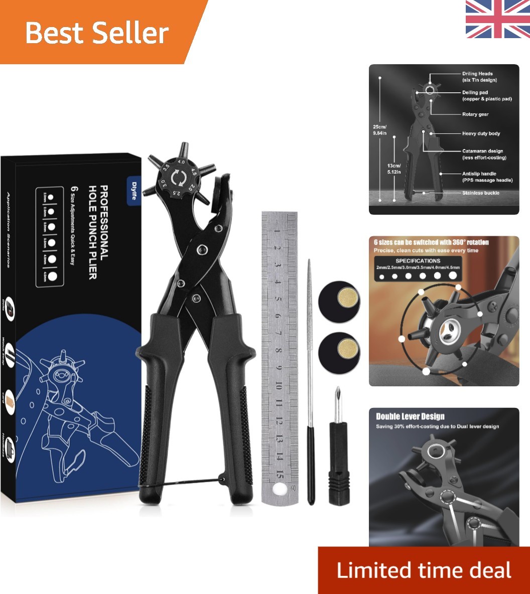 Versatile 6-Sized Leather Hole Punch - Heavy Duty Tool with Ruler & Accessories