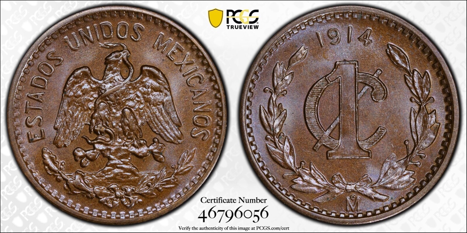 MEXICO ESTADOS UNIDOS  1914  1 CENTAVO COIN PCGS CERTIFIED UNCIRCULATED MS65-BN