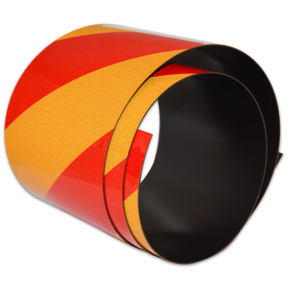FLURO Magnetic Reflective Tape 1M x 50mm x 0.8mm Hi-Vis Red and Yellow Stripe