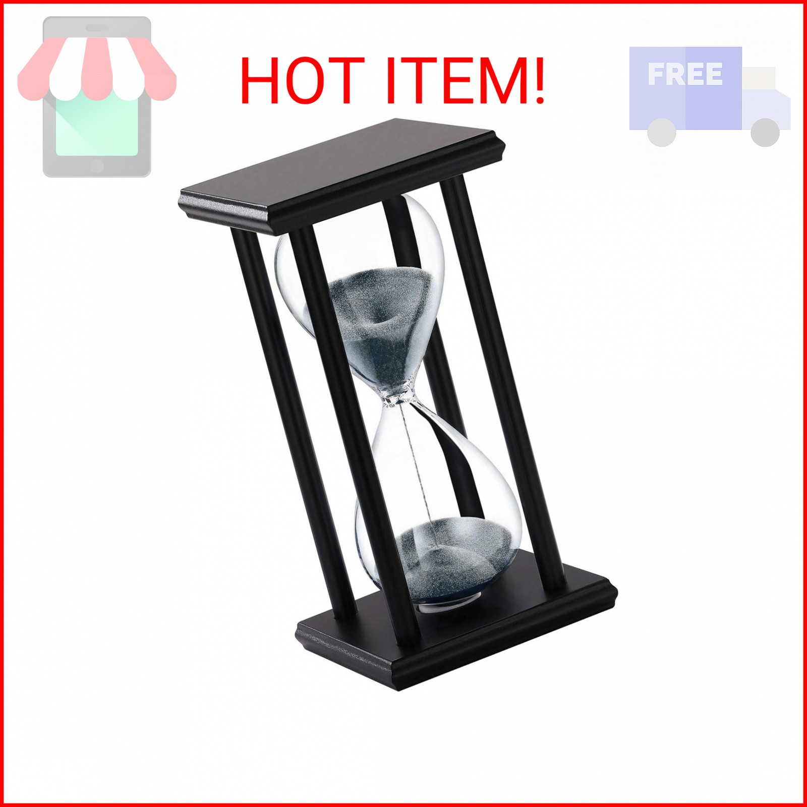 SuLiao Wood Hourglass 30 Minute, Black Wooden Stand Sand Timer Clock, Black Sand