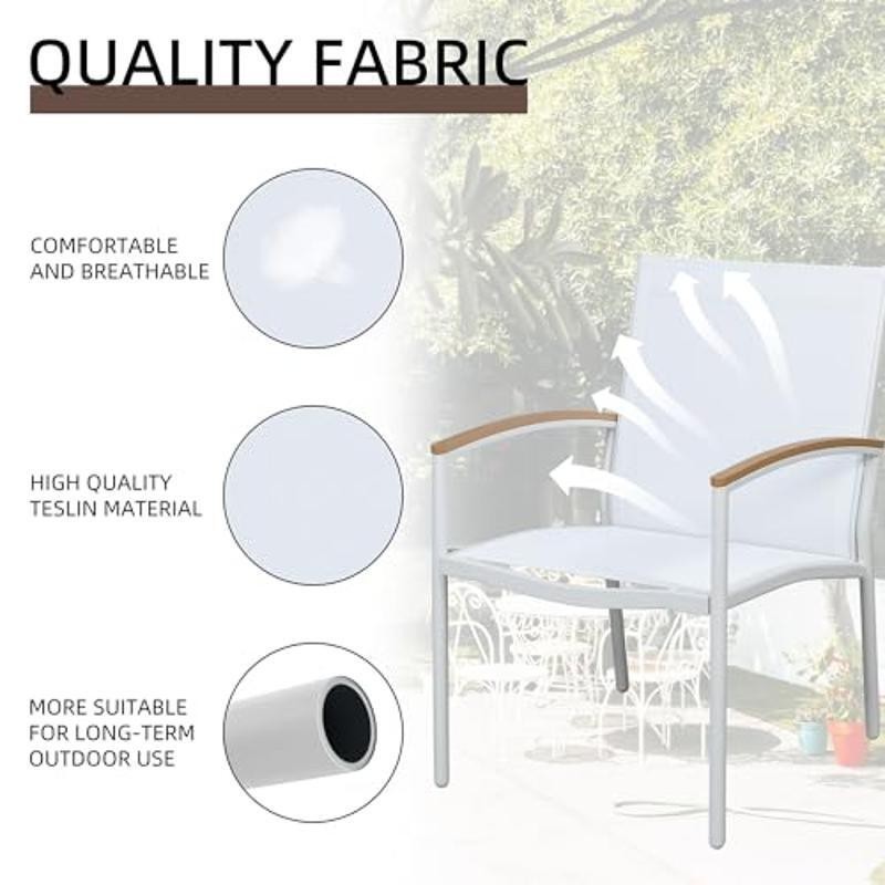 Textilene Fabric Patio Bistro Set Rust-Resistant Steel Frame Easy Assembly White