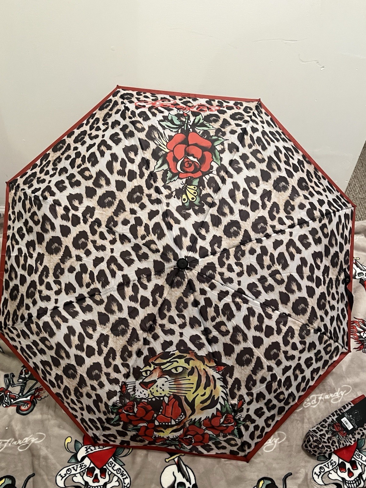 Ed Hardy Rose Butterfly Tattoo Cheetah Print Womens Umbrella Auto Up/Down NWT