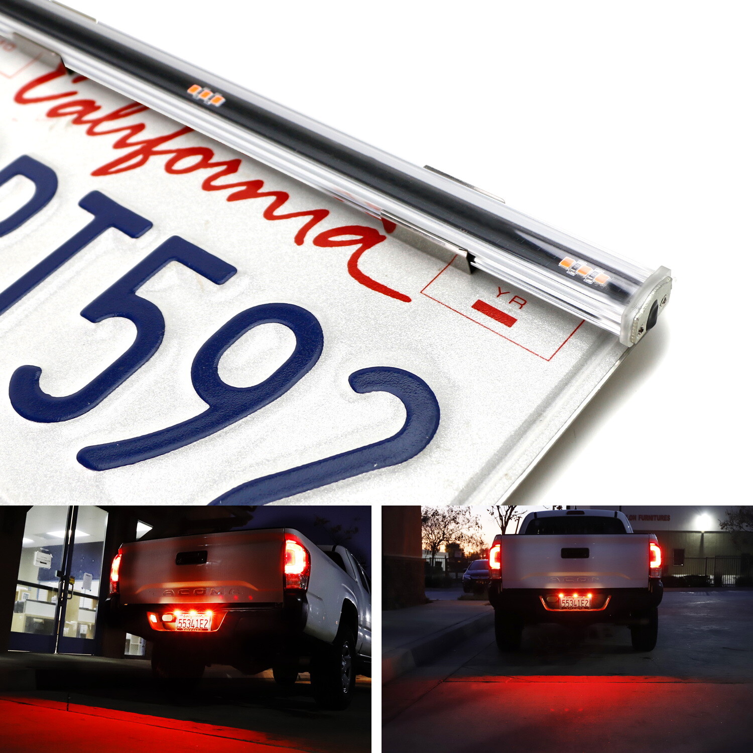 Rear License Plate Frame Mount Red LED Tailgate Light Bar Kit For All Car Trucks