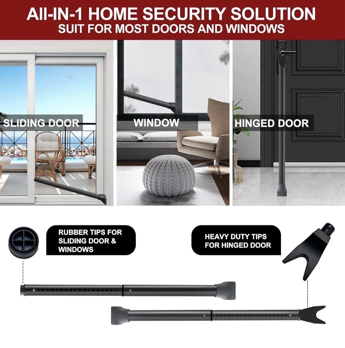 NIB AceMining Door Window Security Bar Adjustable Jam Travel Air BNB Black