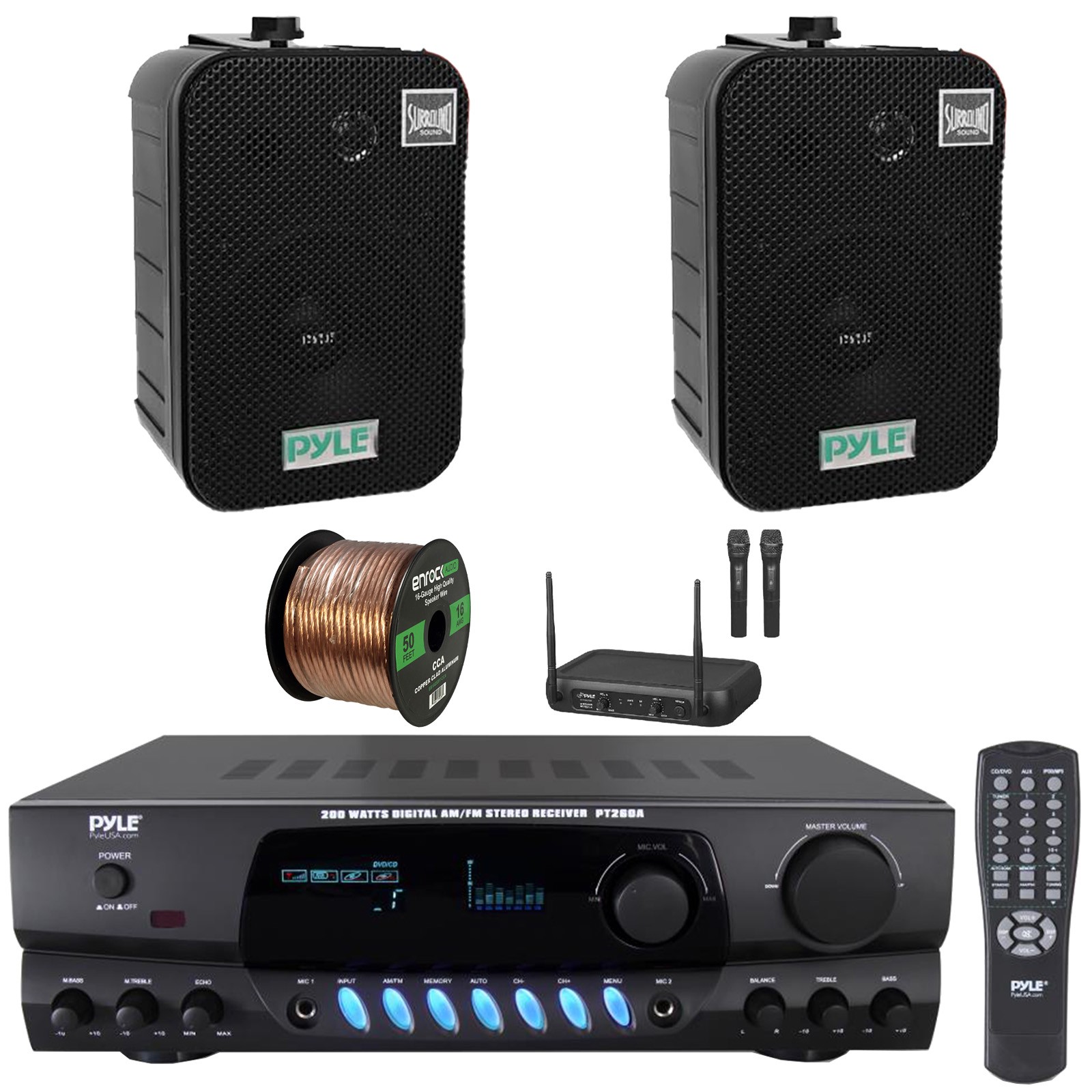 Pyle PT260A Home Receiver, 2x 5.25" 400W Indoor/Outdoor Speakers, Mic System