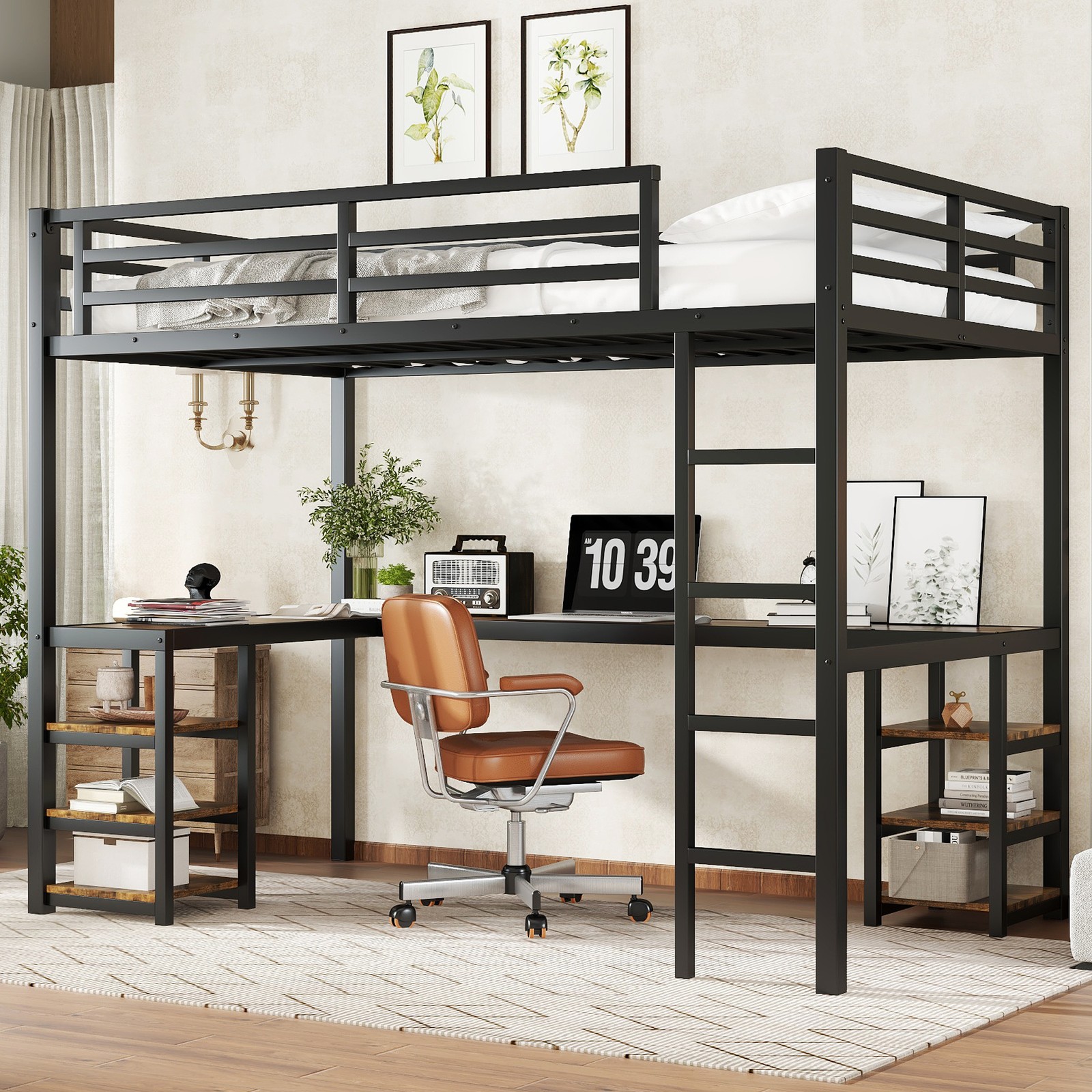 Twin XL Metal Loft Bed with Desk and Shelve Ladder Guardrails for Bedroom Black