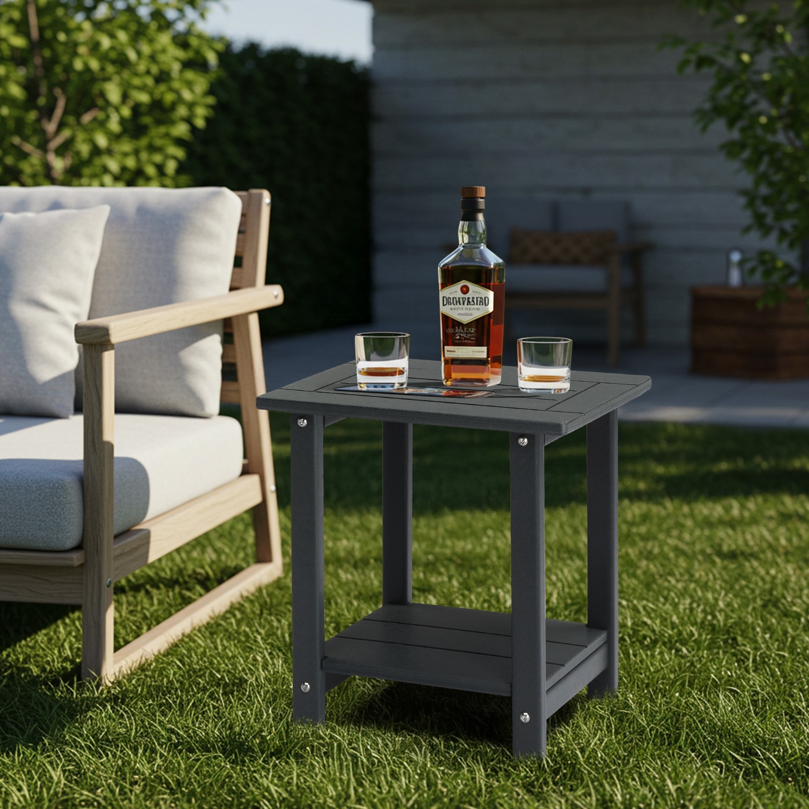 2-Layer Storage Room/Outdoor Rectangular Side Table Hdpe Coffee Table Dark Grey